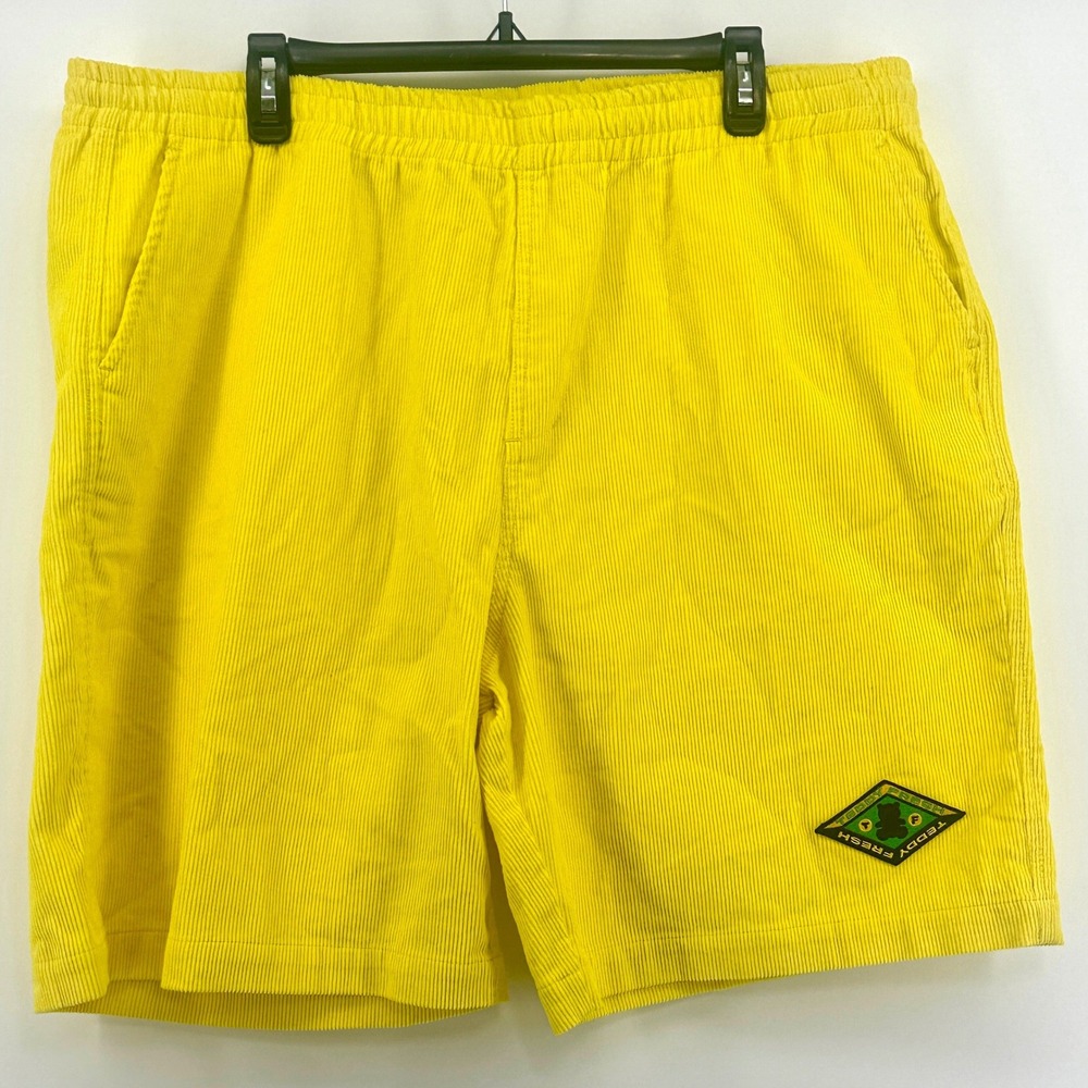 Teddy Fresh Corduroy Shorts Mens 3XL Yellow Regular Fit Streetwear Pull On Retro